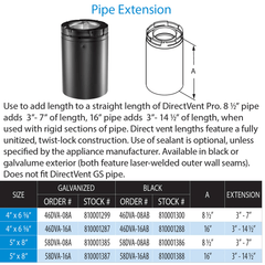DuraVent DirectVent Pro 4x6-5/8 Inch Diameter Black Direct Vent Extension 8 1/2 Inch Pipe Length - 46DVA-08AB