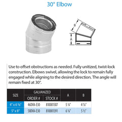 DuraVent DirectVent Pro 4x6-5/8 Inch Diameter Galvanized Direct Vent 30 Degree Elbow - 46DVA-E30