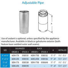 DuraVent DirectVent Pro 4x6-5/8 Inch Diameter Galvanized Direct Vent Adjustable 11-17 Inch Pipe Length - 46DVA-17TA