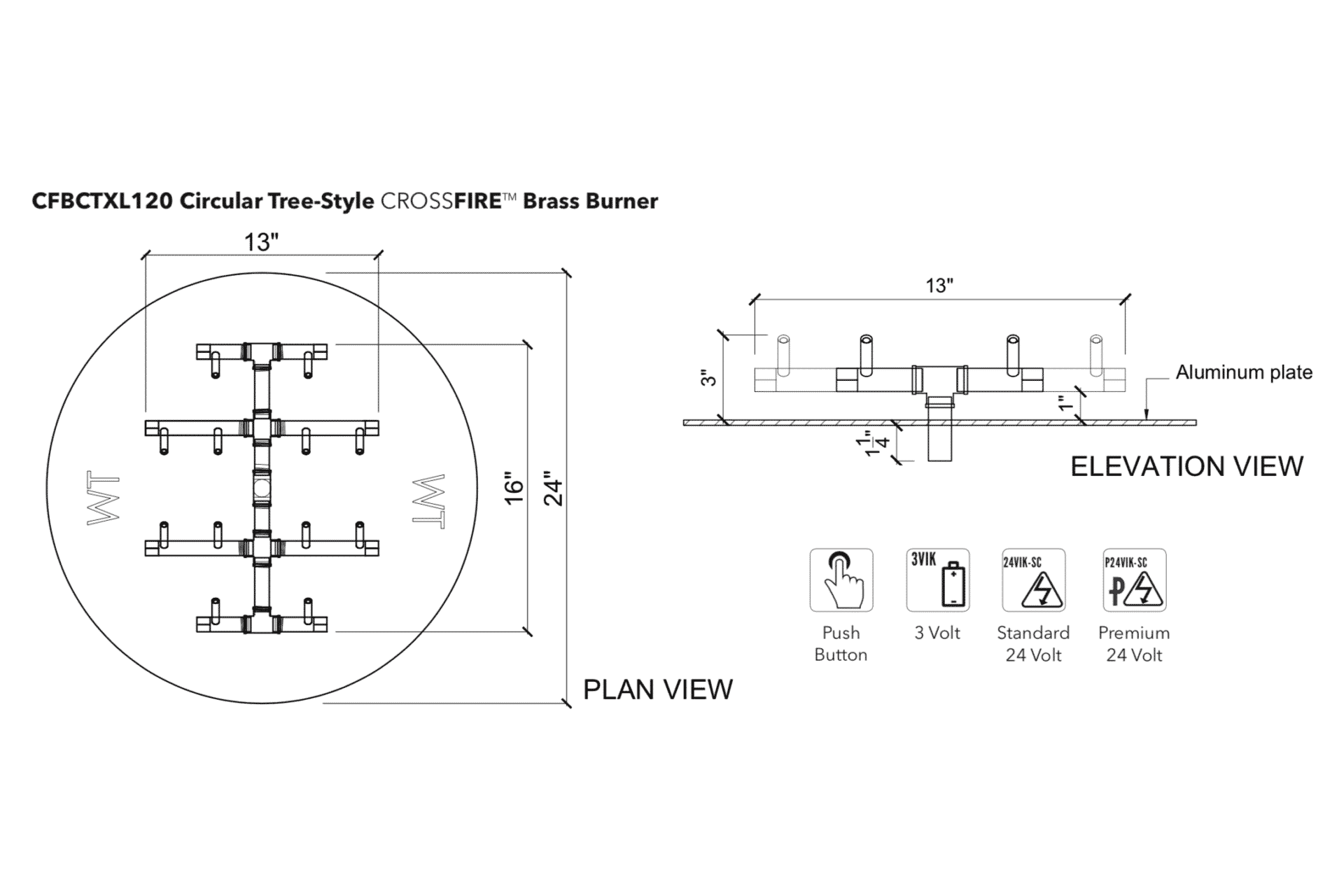 Warming Trends CFBCTXL120 Circular Tree-Style Crossfire Brass Burner 120K BTU 13x16-Inch specification line drawing