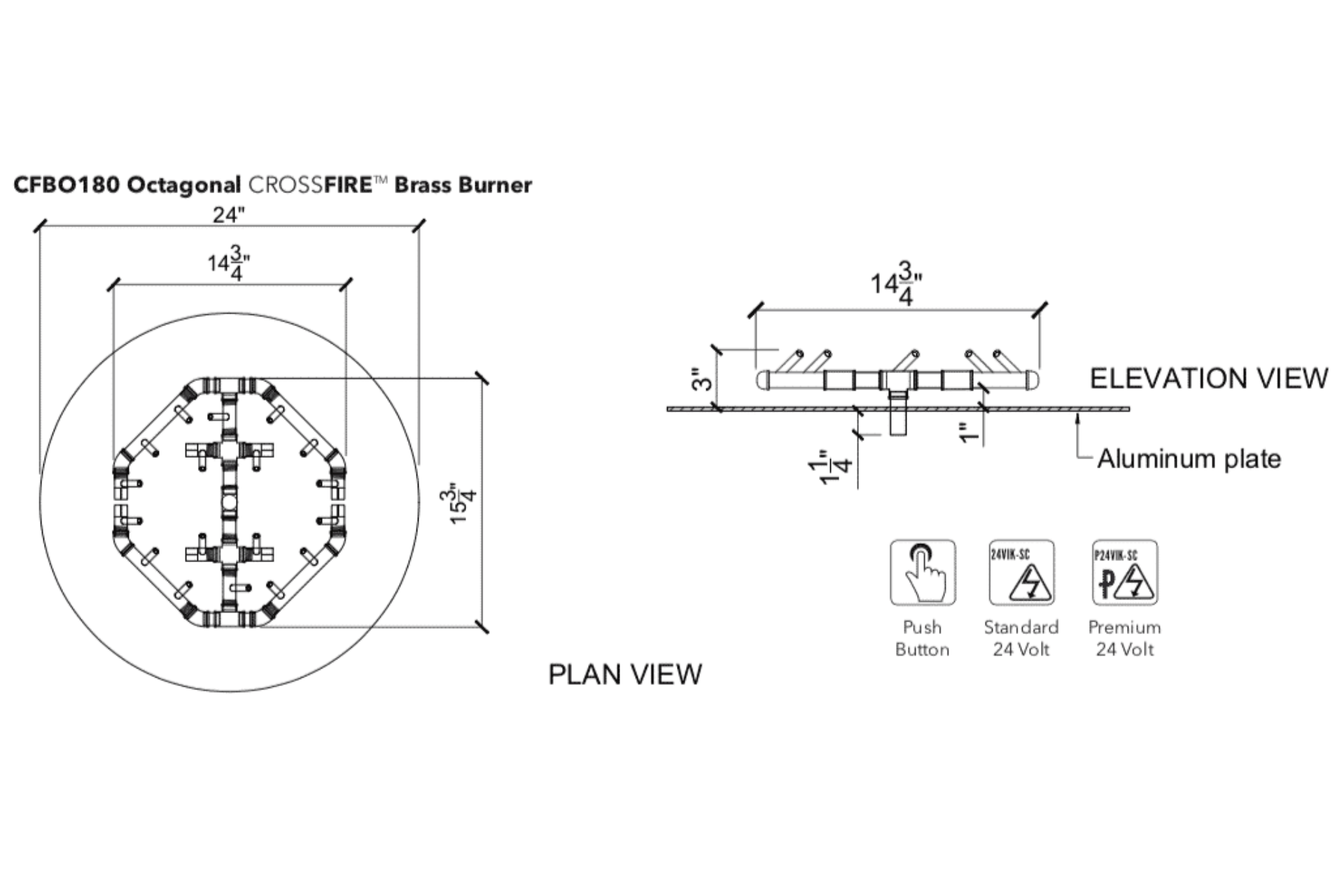 Warming Trends Crossfire CFBO180 Size Chart 14.75x15.75-inch burner Specification Drawing