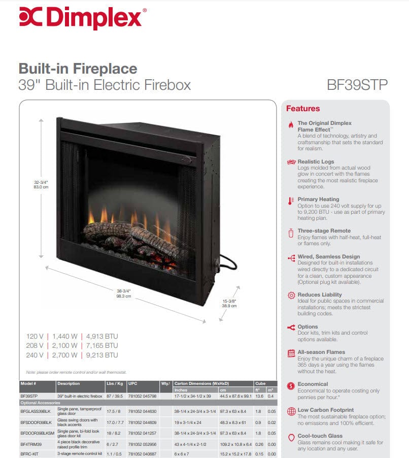 Dimplex BF39STP Standard Built-In Electric Fireplace Brick Effect, 39-Inch