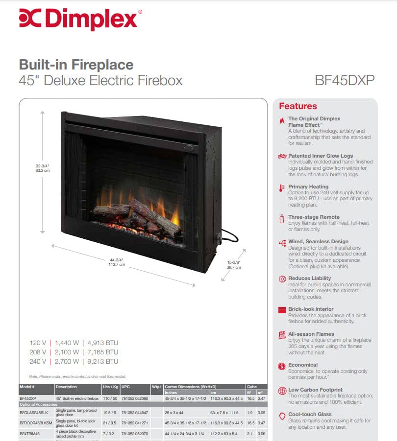 Dimplex BF45DXP Deluxe Built-In Electric Fireplace Brick Effect, 45-In ...