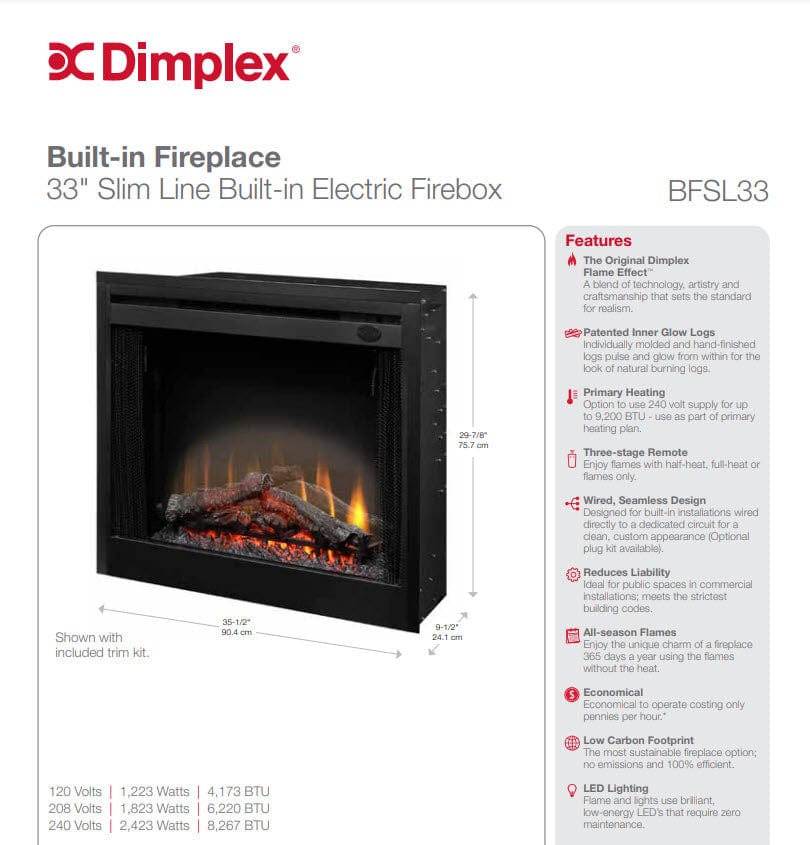 Dimplex BFSL33 Slim Line Built-In Electric Fireplace, 33-Inch