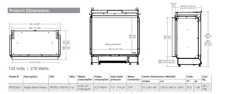 Dimplex Faber FEF3226L1 E-Matrix Front-Facing Built-In Water Vapor Electric Fireplace 32x26-Inch