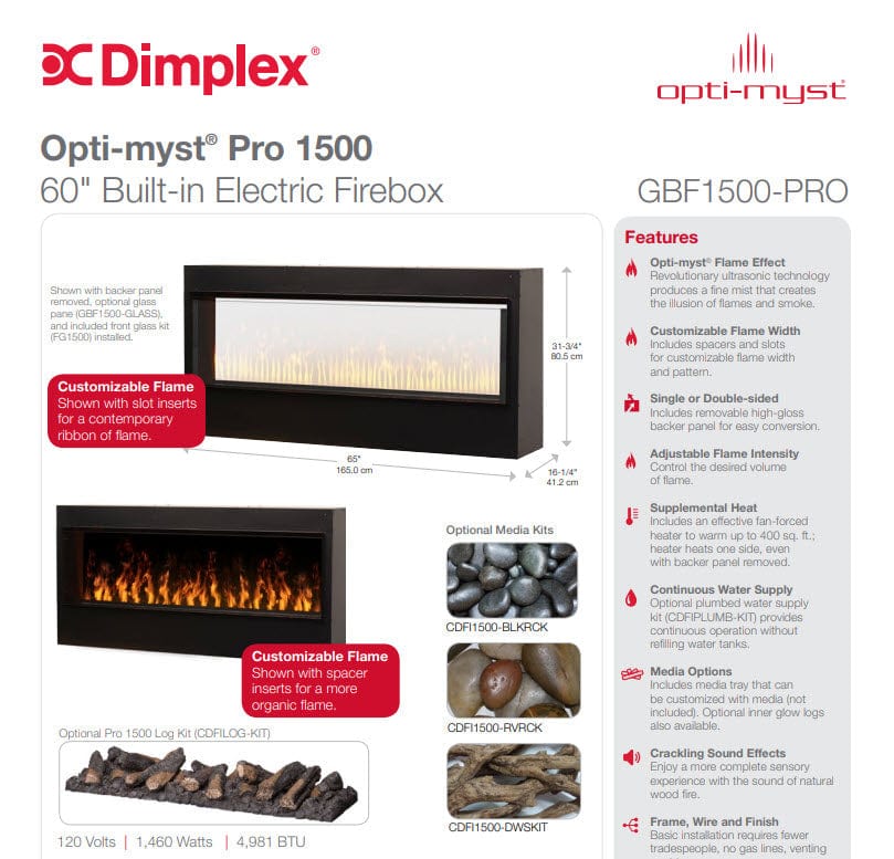 Dimplex GBF1500-PRO Opti-Myst Pro Built-In Electric Fireplace, 60-Inch ...