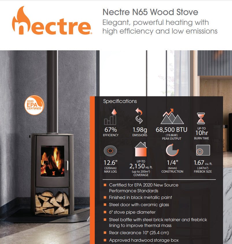 Dimplex Nectre N65 Wood Burning Stove, 68K BTU