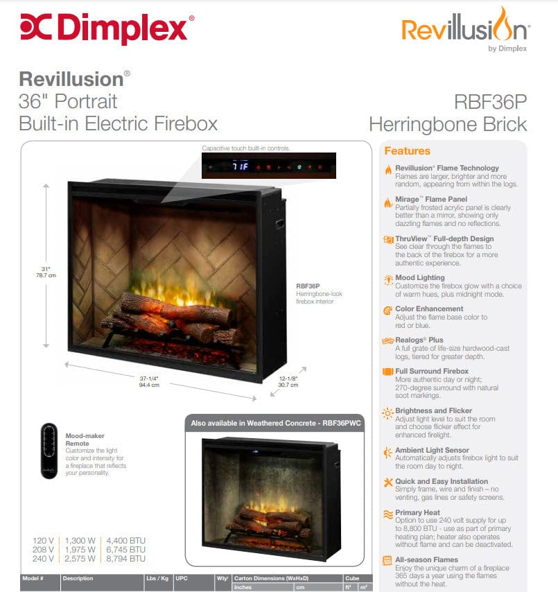 Dimplex RBF36PWC Revillusion Built-In Portrait-Style Electric Fireplace with Weathered Concrete Backer, 36-Inches