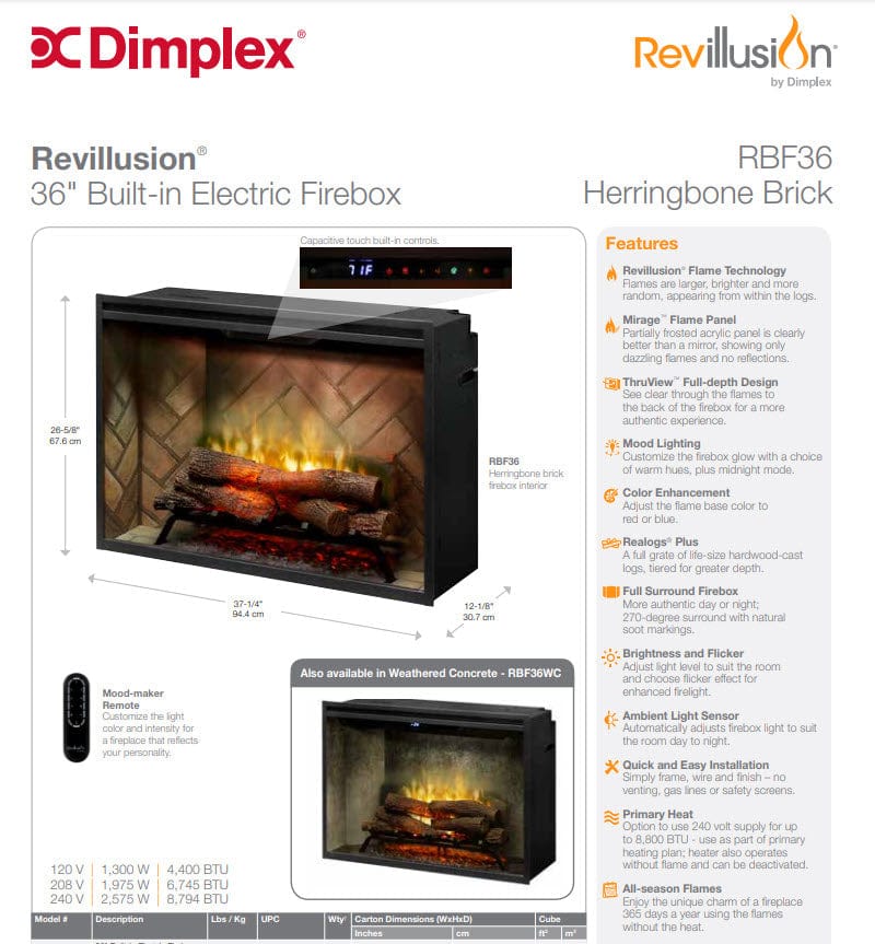 Dimplex RBF36WC Revillusion Built-In Electric Fireplace with Weathered Concrete Backer, 36-Inches