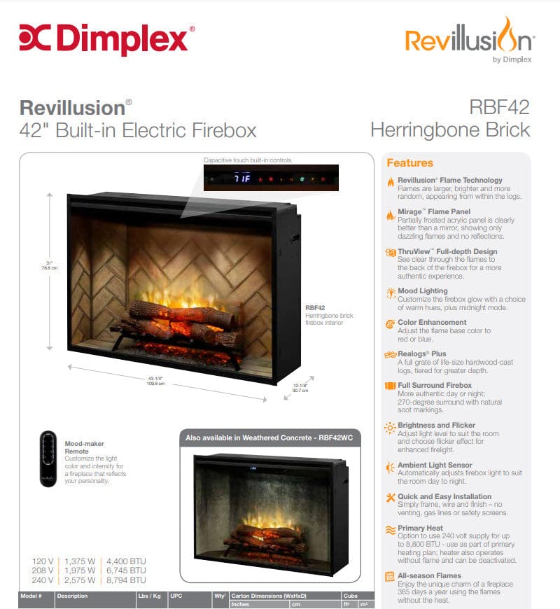 Dimplex RBF42WC Revillusion Built-In Electric Fireplace with Weathered Concrete Backer, 42-Inches