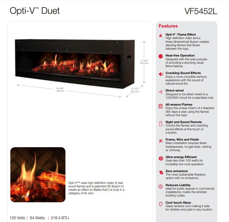 Dimplex VF5452L Opti-V Duet Electric Fireplace, 54-Inch