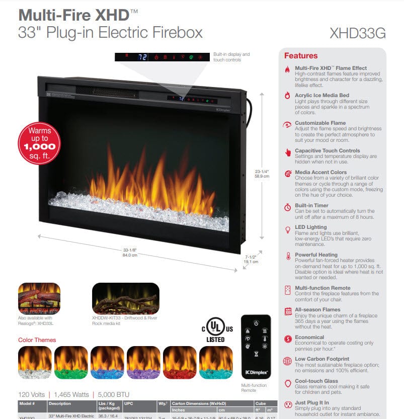 Dimplex XHD33 Multi-Fire XHD Electric Firebox, 33-Inch