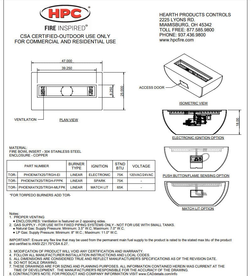 HPC Fire 47"x25" Phoenix Hammered Copper Gas Fire Bowl with Torpedo Li