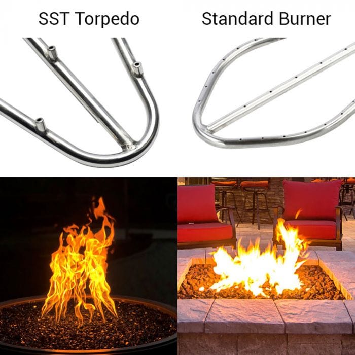 HPC Fire Match Lit Gas Fire Pit Kit with Torpedo Penta Burner and Square Flat Pan