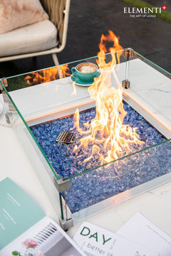 Elementi Plus 39-Inch Bianco White Marble Porcelain Fire Table