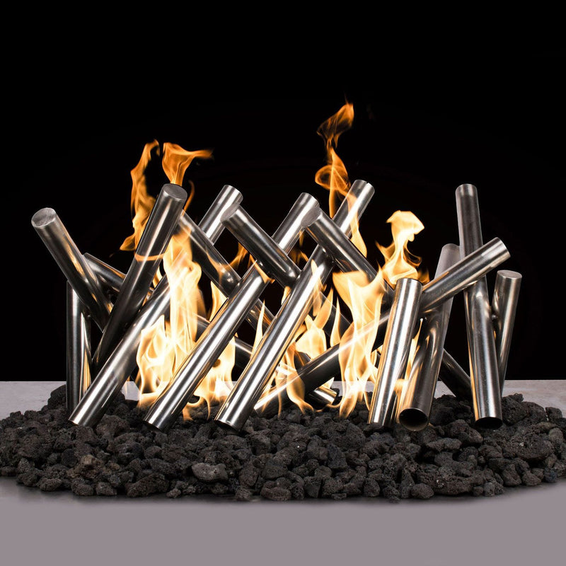 The Outdoor Plus Polished Stainless Steel Logs with Yellow Flame and Stones in Dark Background