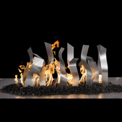 The Outdoor Plus Tangled Fireplace Burner Stainless Steel with Rock Media and Yellow Flame in White Background