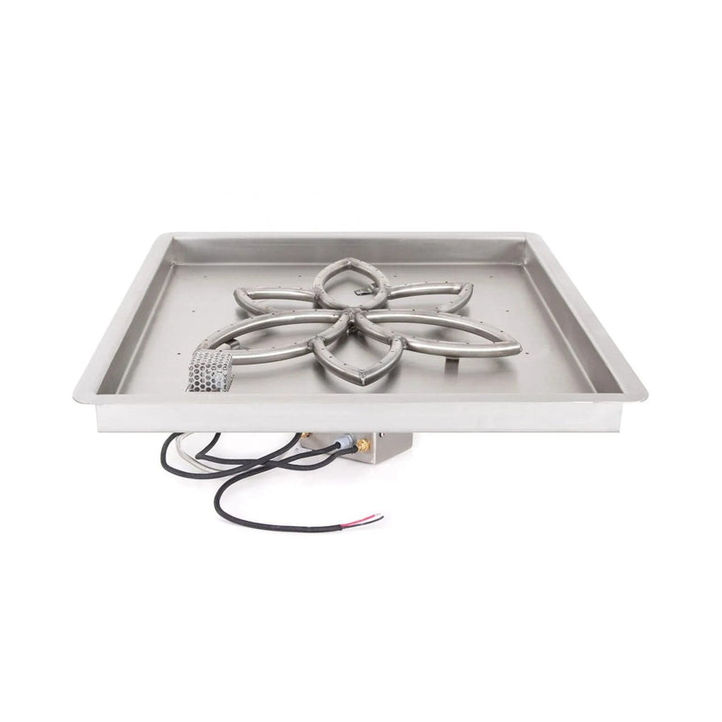 The Outdoor Plus Square Drop-in Pan with Stainless Steel Lotus Burner Available in Different Sizes and Ignition Systems in White Background