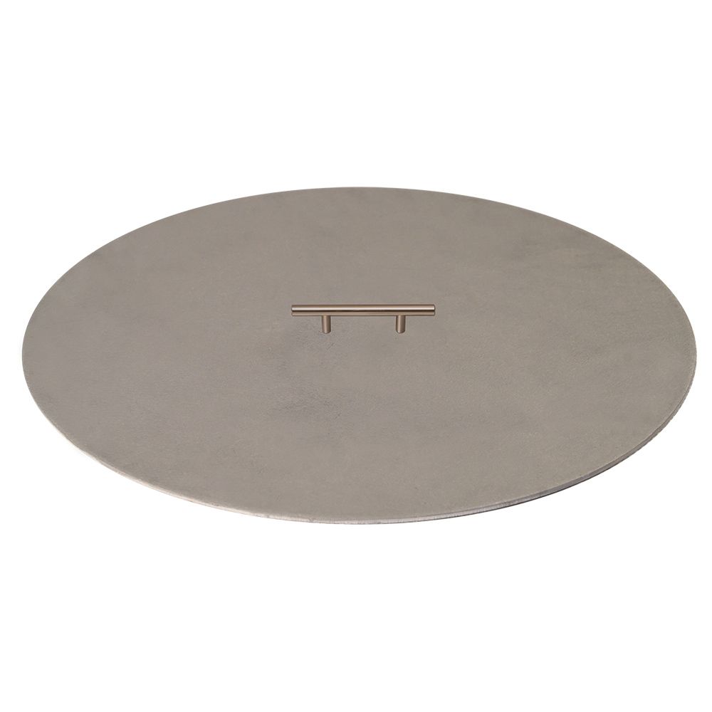 Warming Trends Circular Aluminum Fire Pit Cover in Range Sizes with Single Handle on White Background