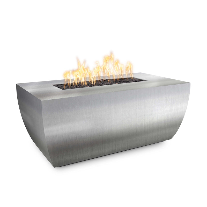 The Outdoor Plus Avalon 24-inch Tall Fire Pit Stainless Steel Finish with White Background