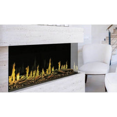 Modern Flames Orion Multi Heliovision Fireplace with Cream White Finish Wall and Chair