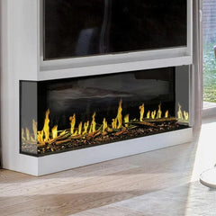 Modern Flames Orion Multi Heliovision Fireplace with White Finish Wall and Tv on Top
