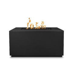 The Outdoor Plus Pismo Concrete Fire Pit Black Finish with Yellow Flames in White Background