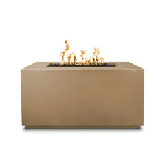 The Outdoor Plus Pismo Concrete Fire Pit Brown Finish with Yellow Flames in White Background