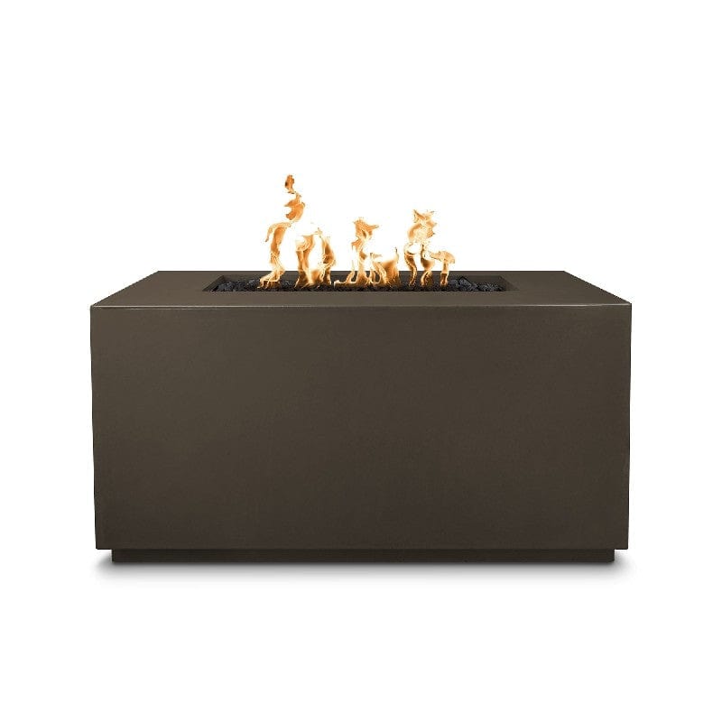 The Outdoor Plus Pismo Concrete Fire Pit Chocolate Finish with Yellow Flames in White Background
