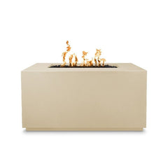 The Outdoor Plus Pismo Concrete Fire Pit Vanilla Finish with Yellow Flames in White Background