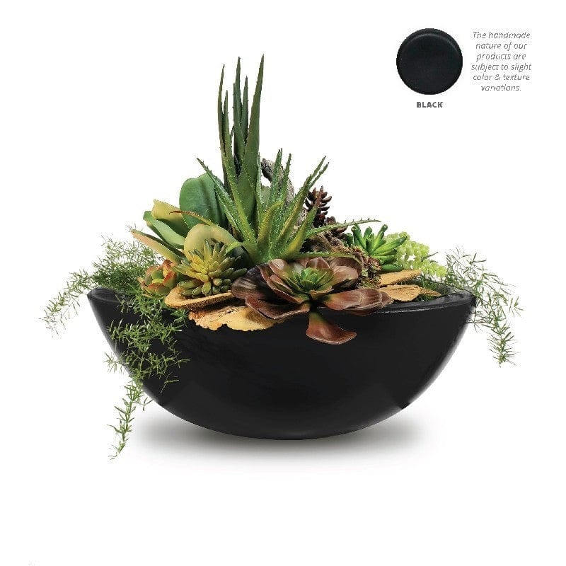 The Outdoor Plus Sedona GFRC Planter Bowl Black Finish with Plants in White Background