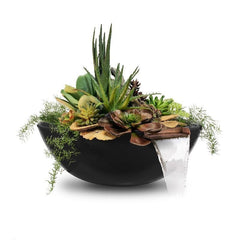 The Outdoor Plus Sedona GFRC Planter and Water Bowl with Plants and Water Black Finish in White Background