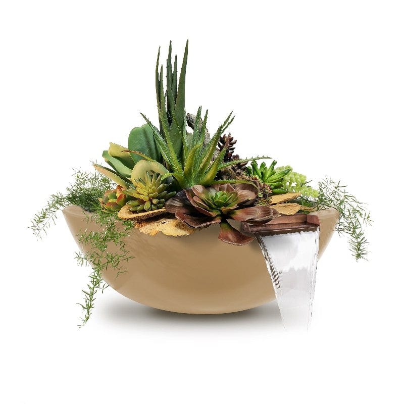 The Outdoor Plus Sedona GFRC Planter and Water Bowl with Plants and Water in White Background