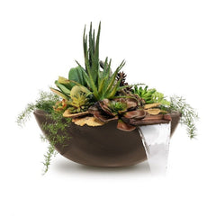 The Outdoor Plus Sedona GFRC Planter and Water Bowl with Plants and Water Chocolate Finish in White Background
