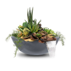 The Outdoor Plus Sedona GFRC Planter and Water Bowl with Plants and Water Gray Finish in White Background