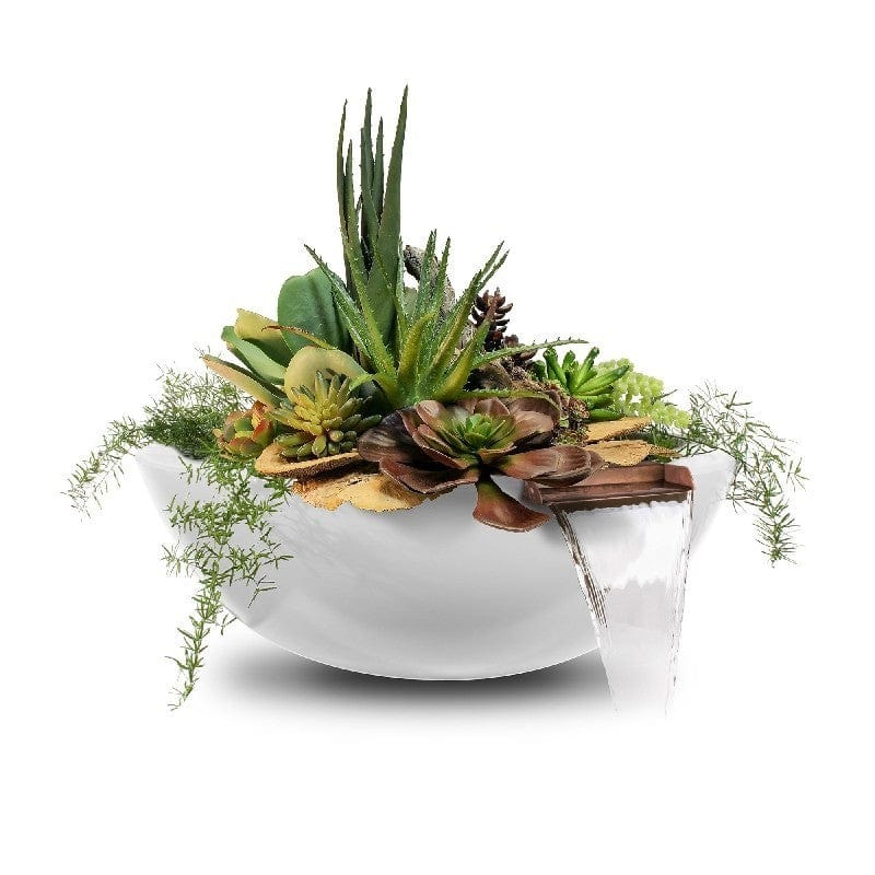 The Outdoor Plus Sedona GFRC Planter and Water Bowl with Plants and Water Limestone Finish in White Background