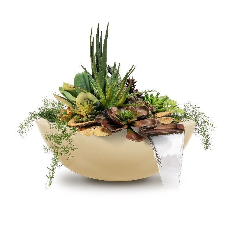 The Outdoor Plus Sedona GFRC Planter and Water Bowl with Plants and Water Vanilla Finish in White Background