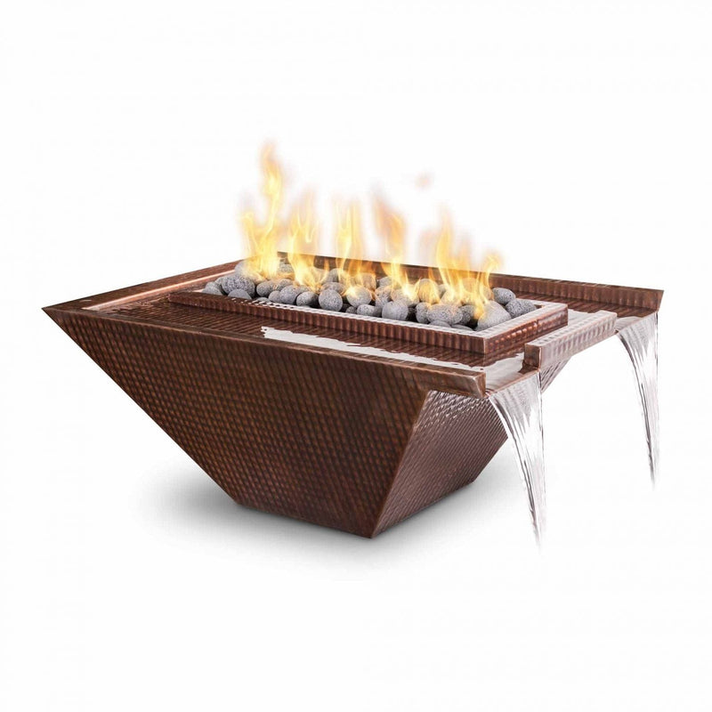 The Outdoor Plus Nile Fire and Water Bowl Hammered Copper Finish with Yellow Flames, Stones, and Water in White Background