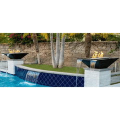 The Outdoor Plus Nile Fire and Water Bowl with Yellow Flames, Stones, and Water in Pool Area