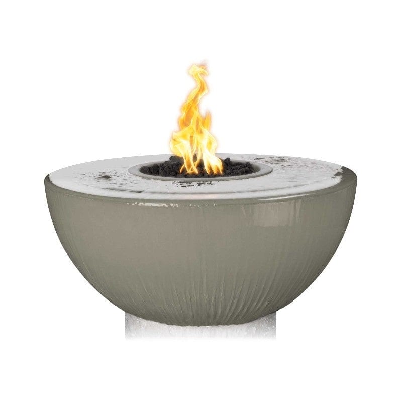 The Outdoor Plus Sedona GFRC Fire and Water Bowl - 360° Spill Ash Finish with Yellow Flame in White Background