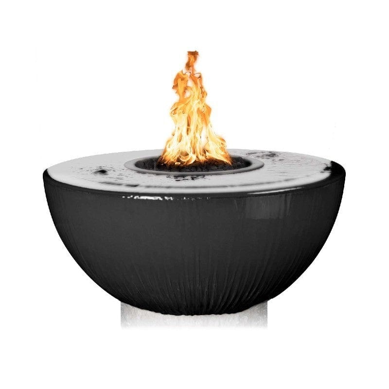 The Outdoor Plus Sedona GFRC Fire and Water Bowl - 360° Spill Black Finish with Yellow Flame in White Background