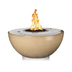 The Outdoor Plus Sedona GFRC Fire and Water Bowl - 360° Spill Brown Finish with Yellow Flame in White Background