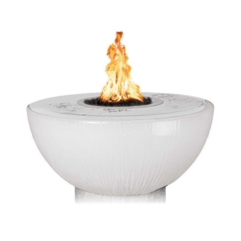 The Outdoor Plus Sedona GFRC Fire and Water Bowl - 360° Spill Limestone Finish with Yellow Flame in White Background