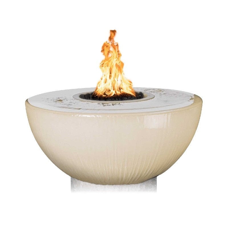 The Outdoor Plus Sedona GFRC Fire and Water Bowl - 360° Spill Vanilla Finish with Yellow Flame in White Background