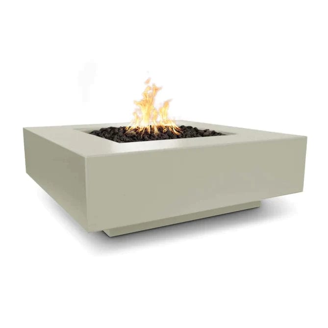 The Outdoor Plus Square Cabo Powder Coated Fire Pit with Yellow Flames in White Background