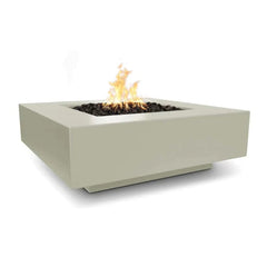 The Outdoor Plus Square Cabo Powder Coated Fire Pit with Yellow Flames in White Background