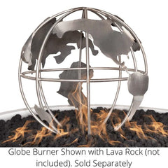 The Outdoor Plus Fire Globe Gas Fire Pit Burner Stainless Steel with Rock Media and Yellow Flame in White Background