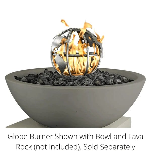 The Outdoor Plus Fire Globe Gas Fire Pit Burner Stainless Steel with Grey Bowl, Rock Media, and Yellow Flame in White Background
