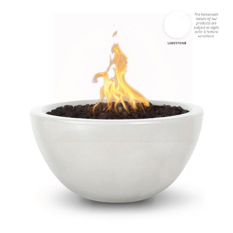 The Outdoor Plus Luna GFRC Fire Bowl Limestone Finish with White Background