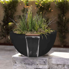 The Outdoor Plus Luna Planter and Water Bowl Black Finish Set in the Garden